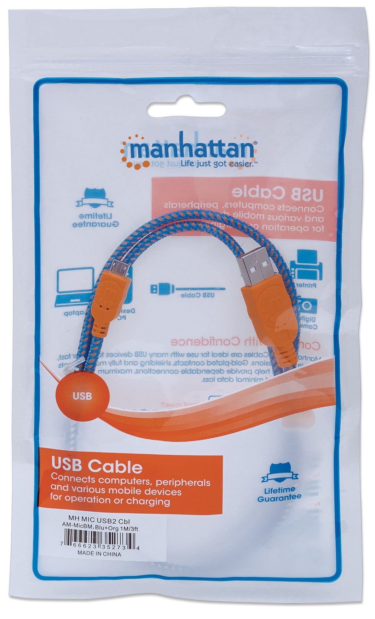 Cable Manhattan Usb V2 A-Micro B 1.0M Textil Naranja/Azul Bolsa 352734