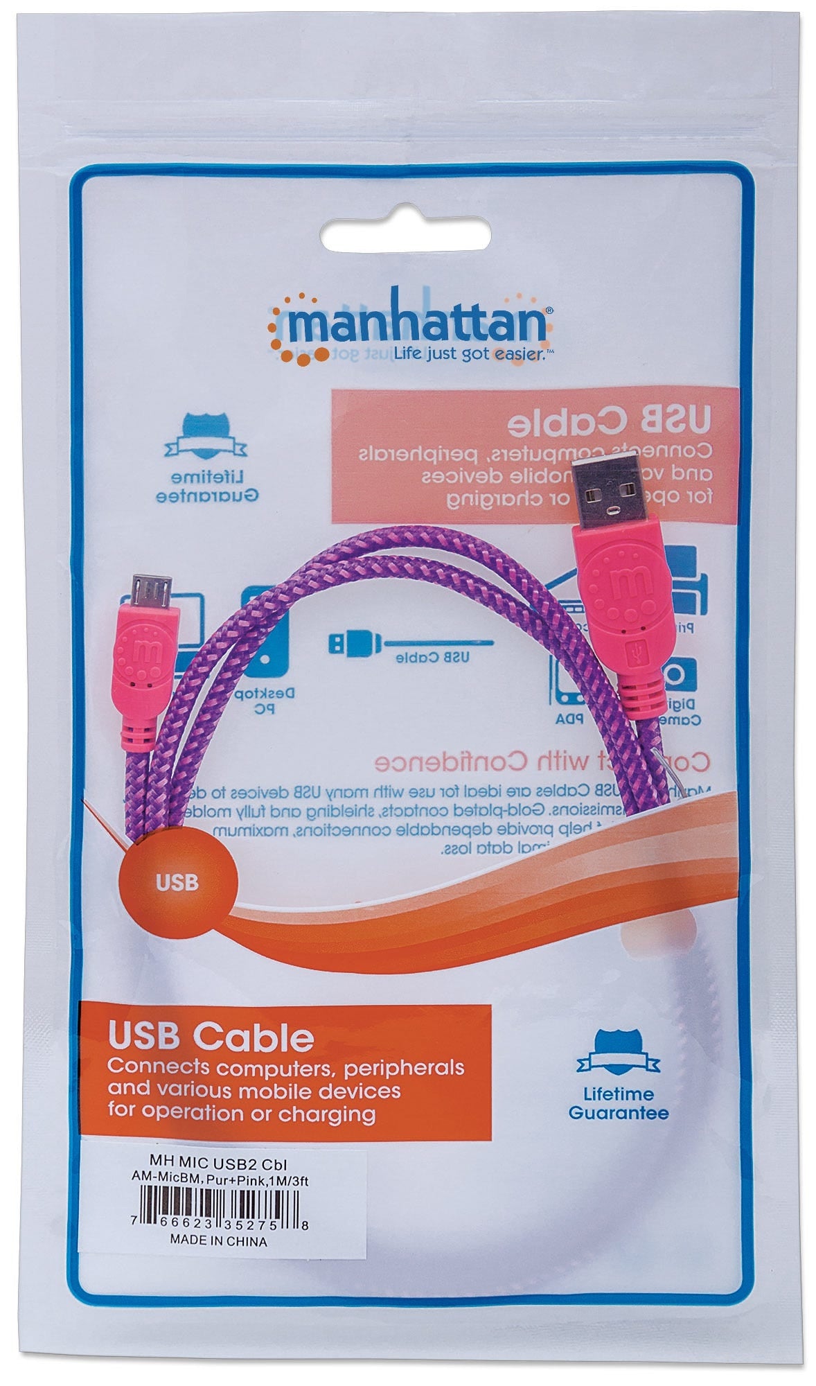 Cable Manhattan Usb V2.0 A-Micro B 1.0M Textil Rosa/Morado 352758