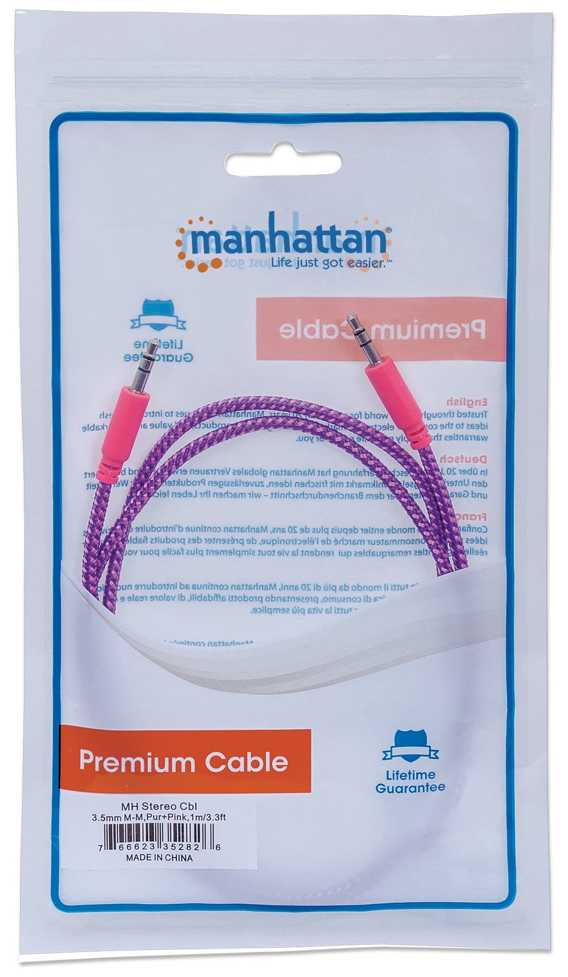 Cable Stereo Manhattan 3.5 M-M Ipod A Stereo 1.0M Textil Morado/Rosa