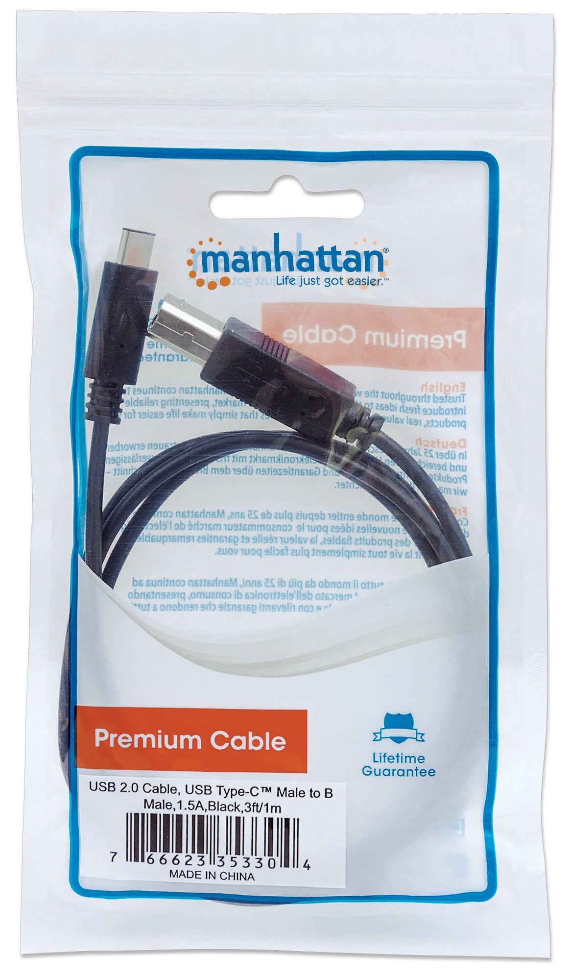 Cable Usb-C Manhattan Cm-B Macho 1.0 Mts Negro 353304