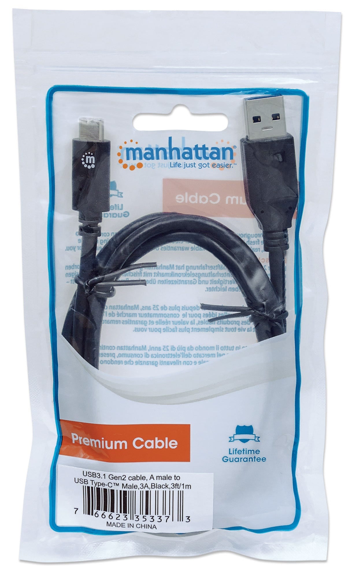 Cable Usb Manhattan 353373 Para Dispositivos Usb-C De Súpervelocidad 3.2 Gen A Macho/ 10 Gbps Negro