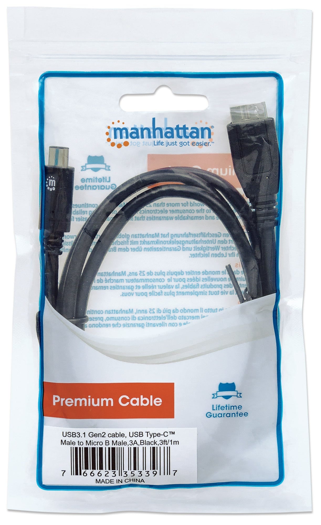 Cable Usb A Micro B 3.0 Manhattan 353397 Para Dispositivos Usb-C De Súpervelocidad+. Conector Macho Superspeed Micro-B Longitud 1M Color Negro.