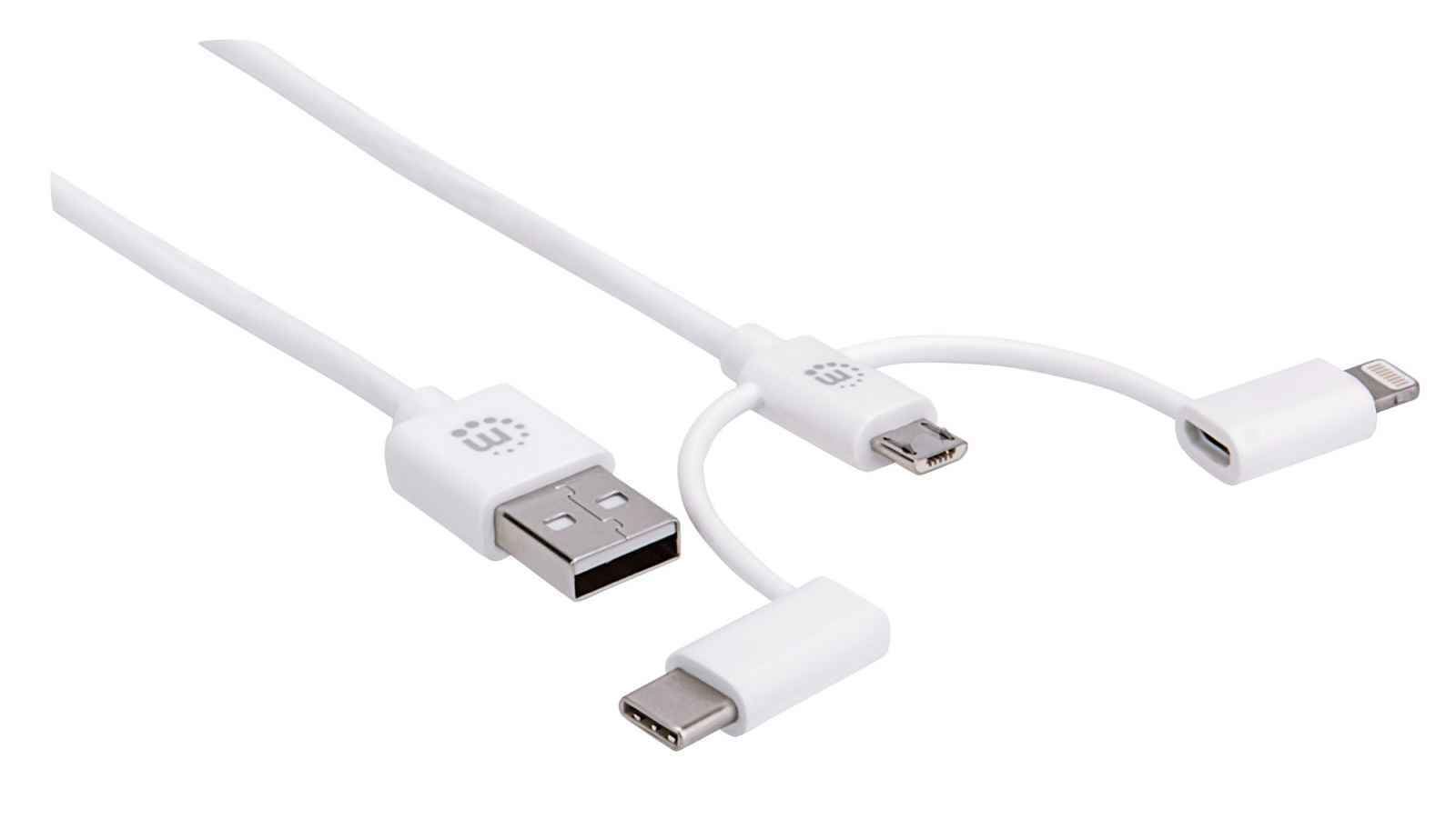 Cable Manhattan Usb 3 En 1 Micro-B Tipo C Y Lightning 1M Blanco 353434