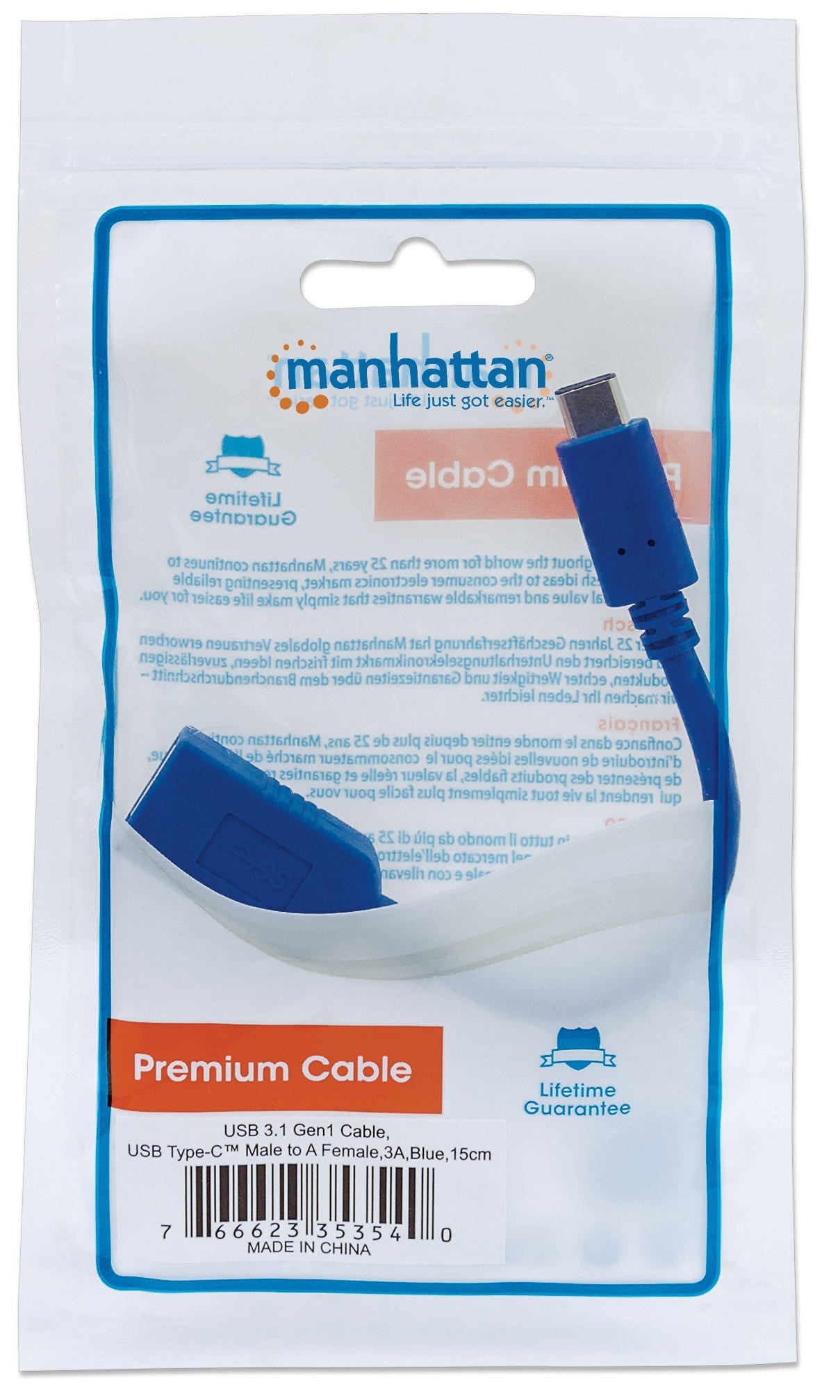 Cable Usb A 3.0 Manhattan 353540 Para Dispositivos Usb-C De Súper Velocidad 3.2 Gen 1 Macho/ Hembra Gbps 15 Cm Azul