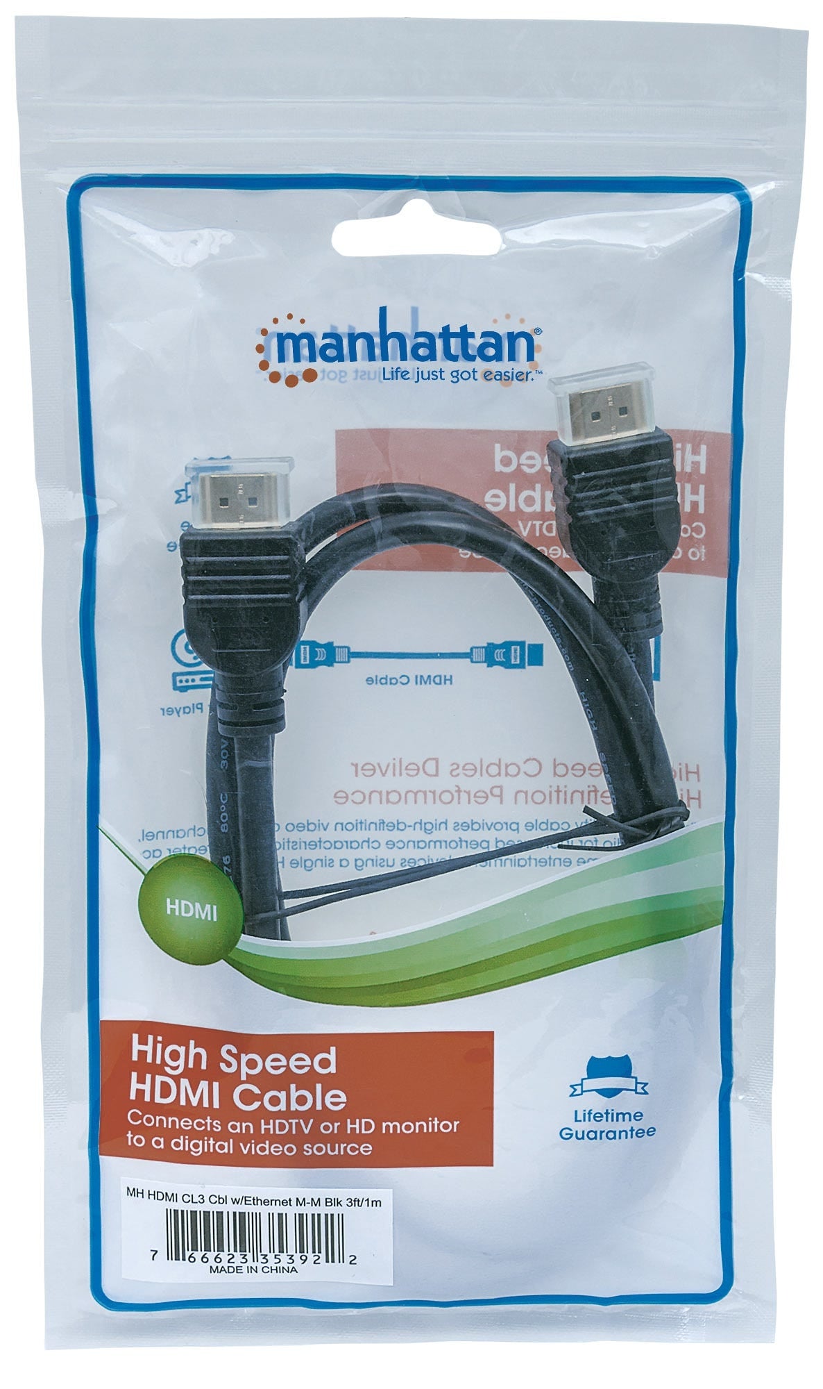 Cable Hdmi Manhattan 353922 De Alta Velocidad Con Ethernet Para Pared 1M Hec Arc 3D 4K Blindadocalificado Como Cl3 Negro.