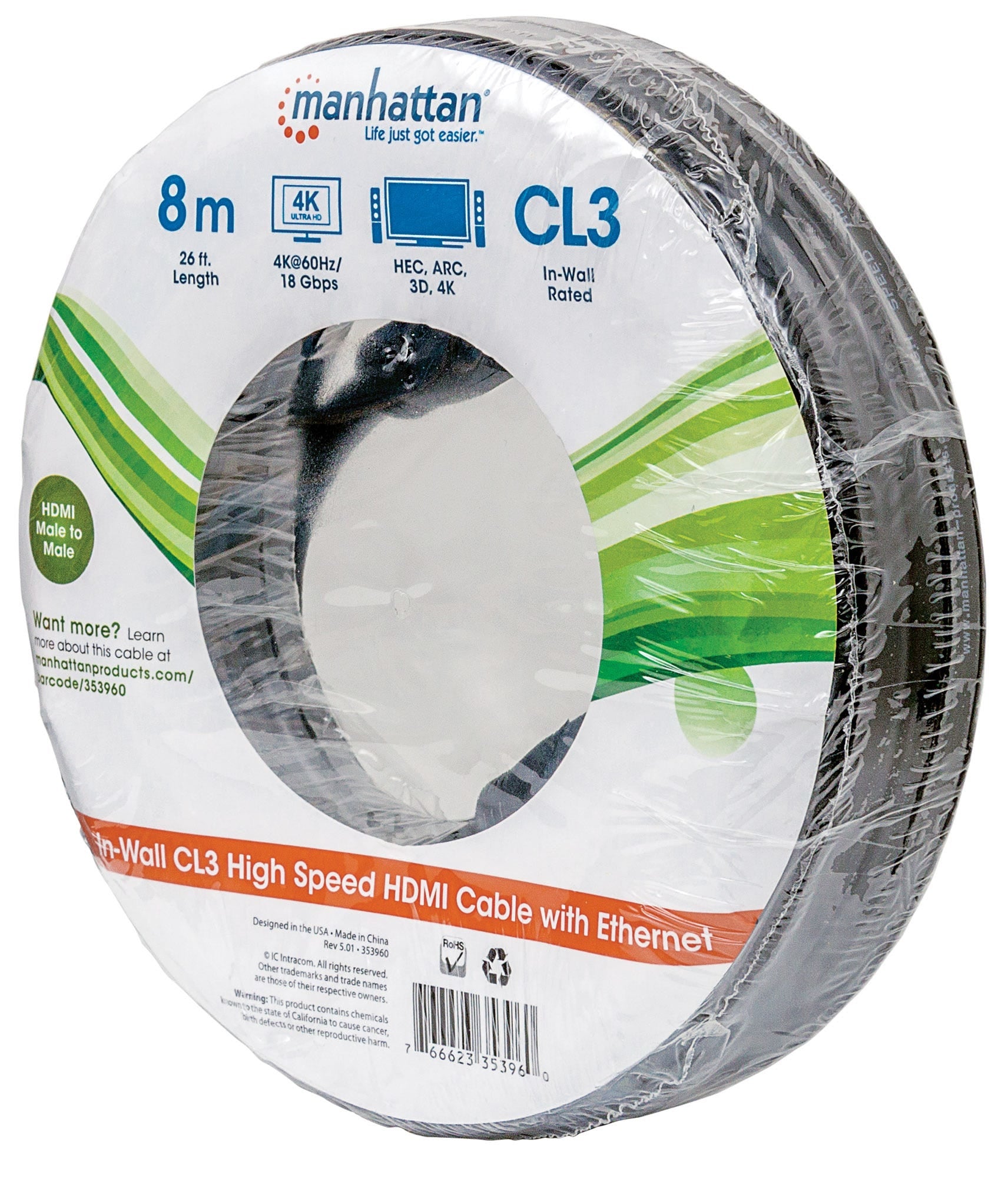 Cable Hdmi Intramuro Manhattan Cl3 8.0M Ethernet 3D 4K M-M Velocidad 2.0