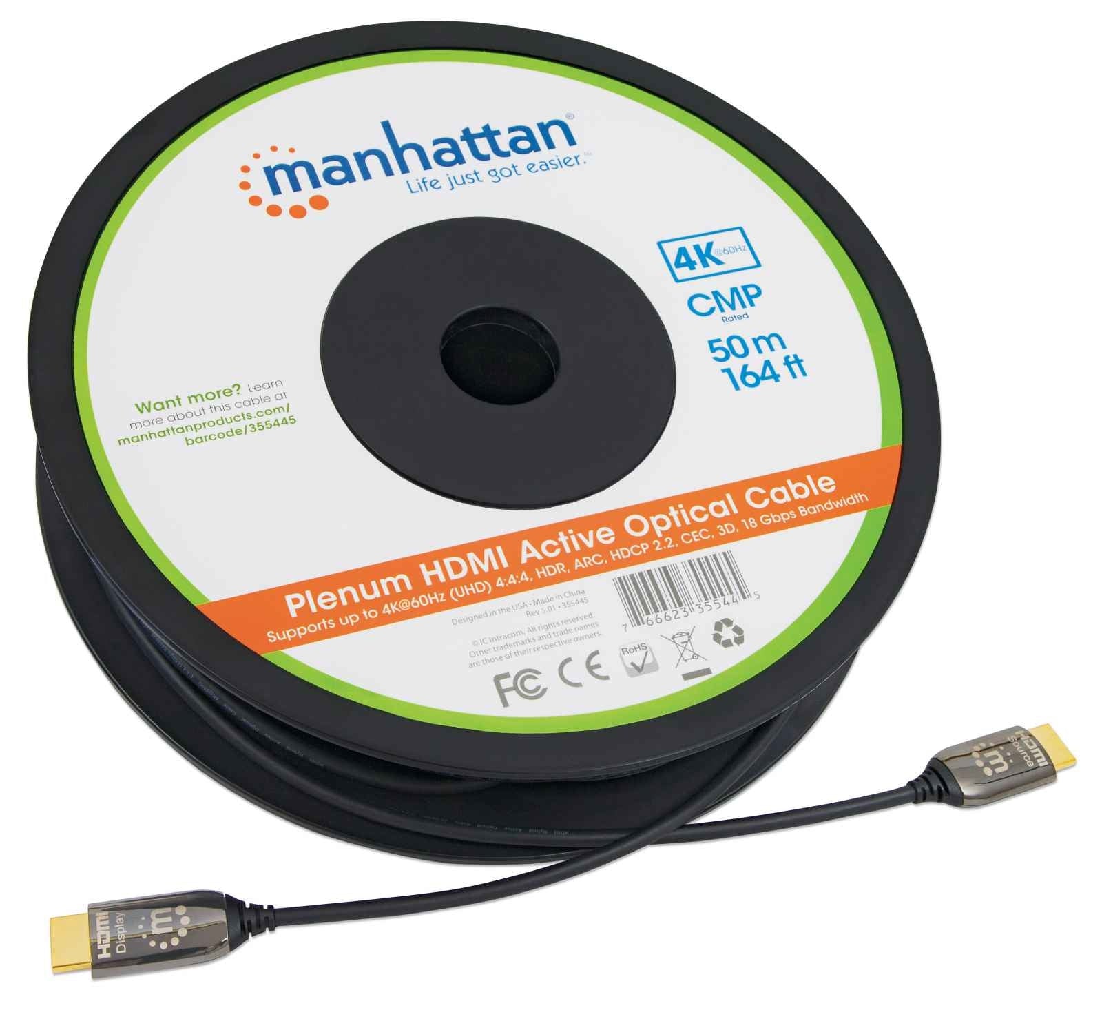 Cable Hdmi Optico Activo Plenum M-M 50M Negro Manhattan 355445