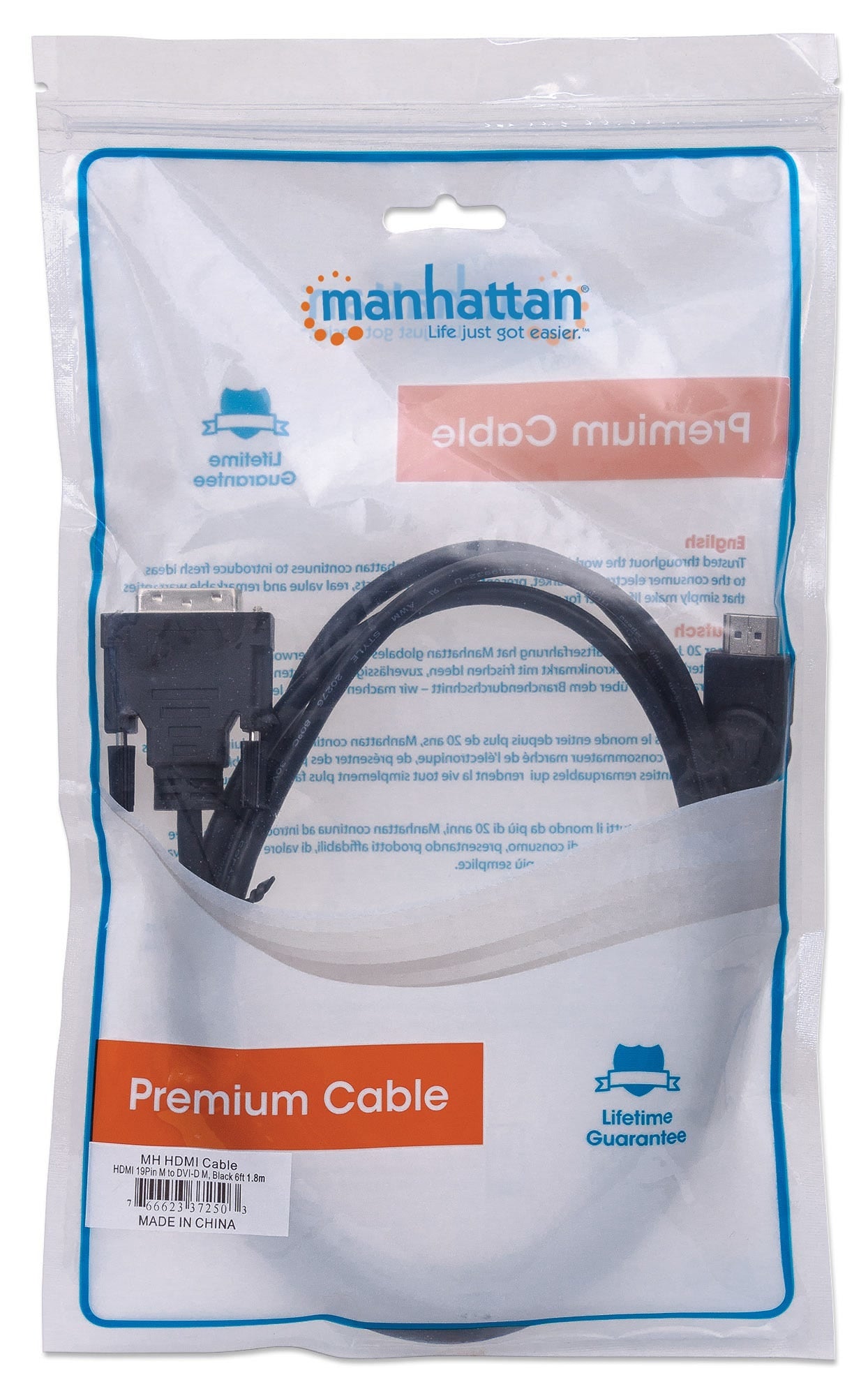 Cable Hdmi A Dvi Manhattan 372503 Macho Dvi-D 24+1 Enlace Dual Negro 1.8M.