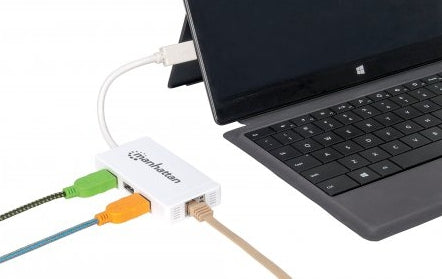 Hub Usb Manhattan 507578 De 3 Puertos 3.0 Con Adaptador Gigabit Ethernet Para Ultrabook Y Macbook