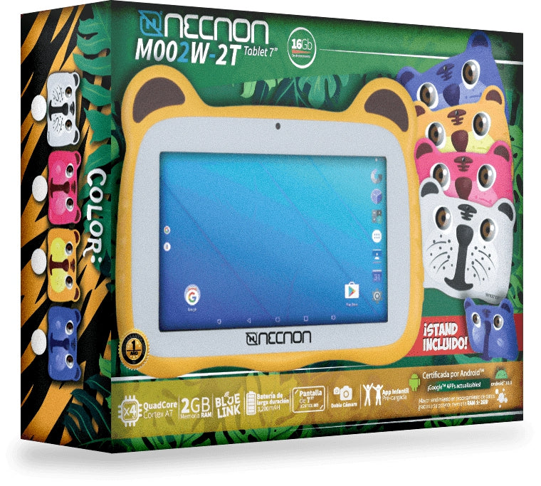 Tablet Infantil Tigre Necnon Kids M002W-2T 2Gb Ram 16Gb Rom 7 Pulgadas Android 10 Cam 0.3 Y Mp Stand Incluido Amarillo