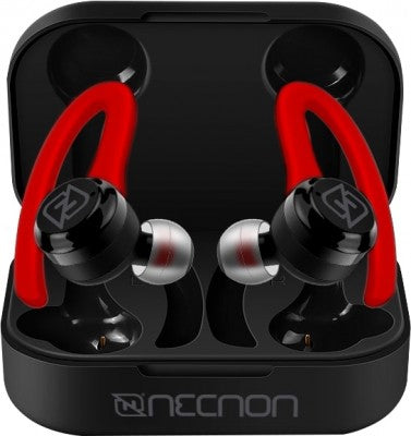 Audifonos Necnon Ntws-Sport In-Ear Bluetooth 5.1 True Wireless Sonido Hi Fi 30Mah Caja De Carga 200Mah Indicador 4 Led Con Orejera Anti Caida Negro / Rojo