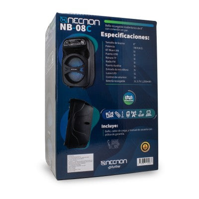 Bocina Bafle Necnon Nb-08C Bluetooth Pulgadas Iluminación Led Tws Conexión En Par Radio Fm Lector Micro Sd Usb Aux Negro