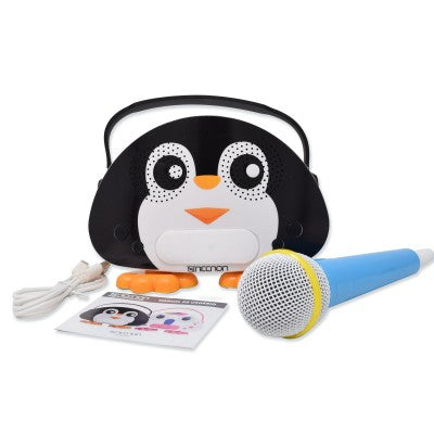 Kids Karaoke Pingüino Necnon Nbk-Kids Bocina Bluetooth Micrófono Alámbrico Bt Usb Aux 3.5 Radio Fm Lector Micro Sd