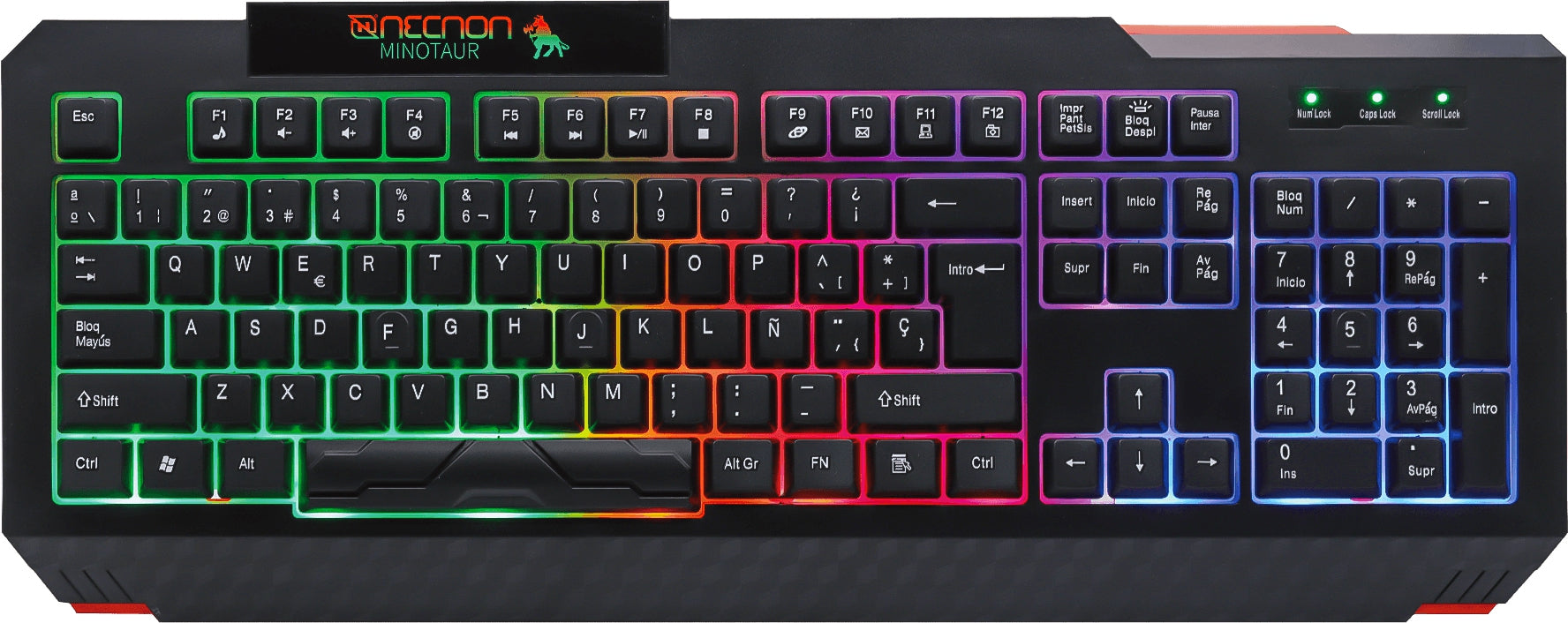 Teclado Gaming Alámbrico Necnon Ngk-Minotaur Gamer 104 Teclas Retroiluminado Led Multicolor Diseno Ergonomico Resistente Salpicaduras Rojo/Negro