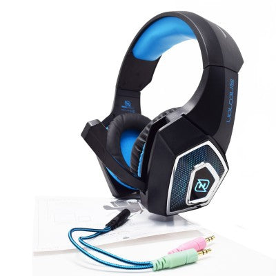 Audífonos Headset Gaming Necnon Nbhg-Dragon Hi-Fi Over-Ear Led Alambrico Diadema Flexible Con Vibracion Microfono 3.5Mm Usb Pc Consolas Celular C/Adaptador Azul