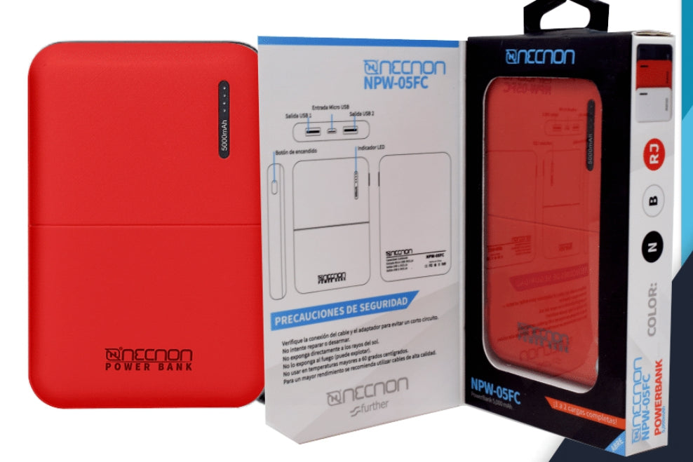 Powerbank Necnon Npw-05Fc 5000Mah Indicador Led Tipo C Rojo Nbpb0502F