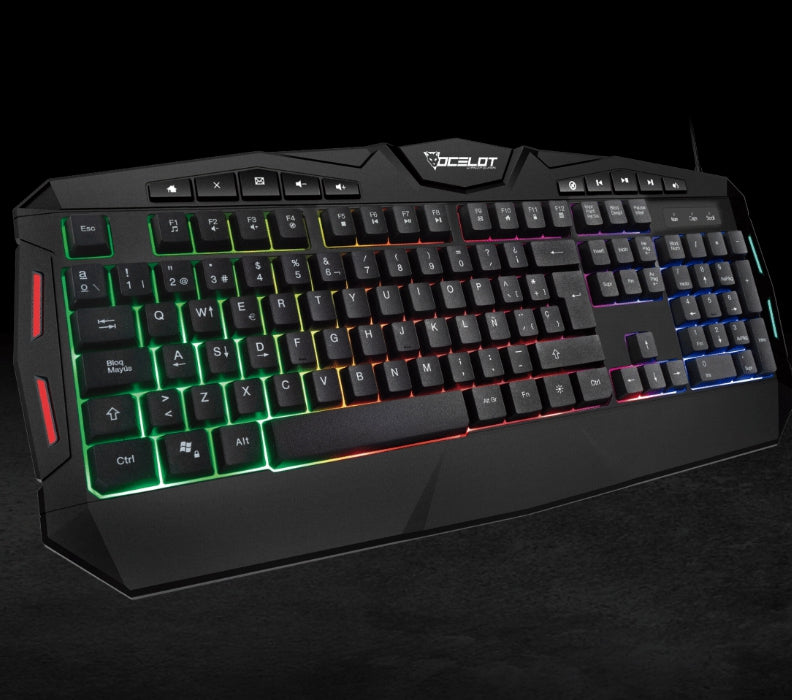 Teclado Membrana Extendido Ocelot/Alambrico/Plastico/Negro/Iluminacion Tipo Arcoiris/Teclas Multimedia/Gamer