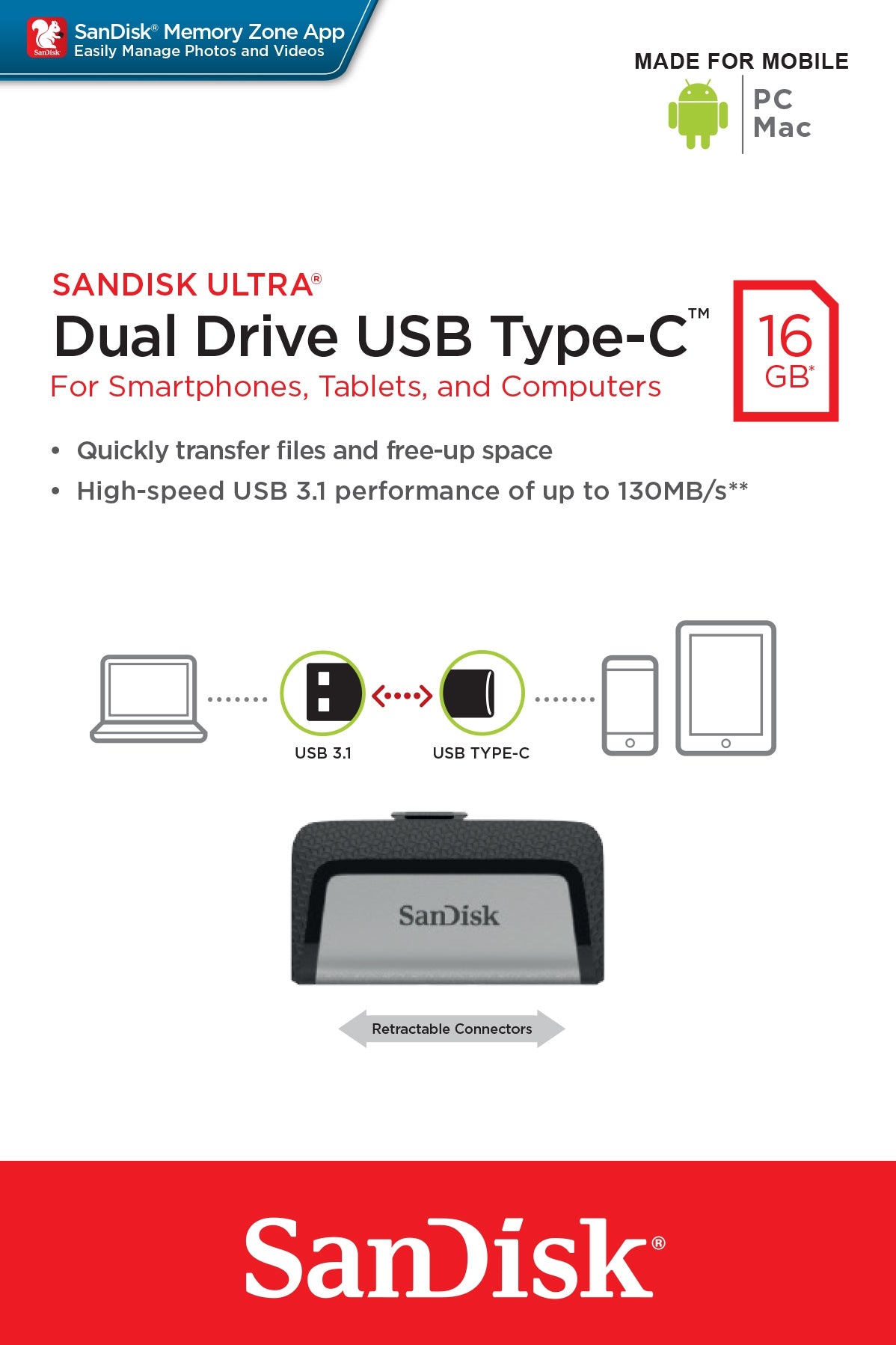 Memoria Sandisk 16Gb Dual Ultra Usb Tipo-C / Usb 3.1 Negro /Plata 130Mb/S