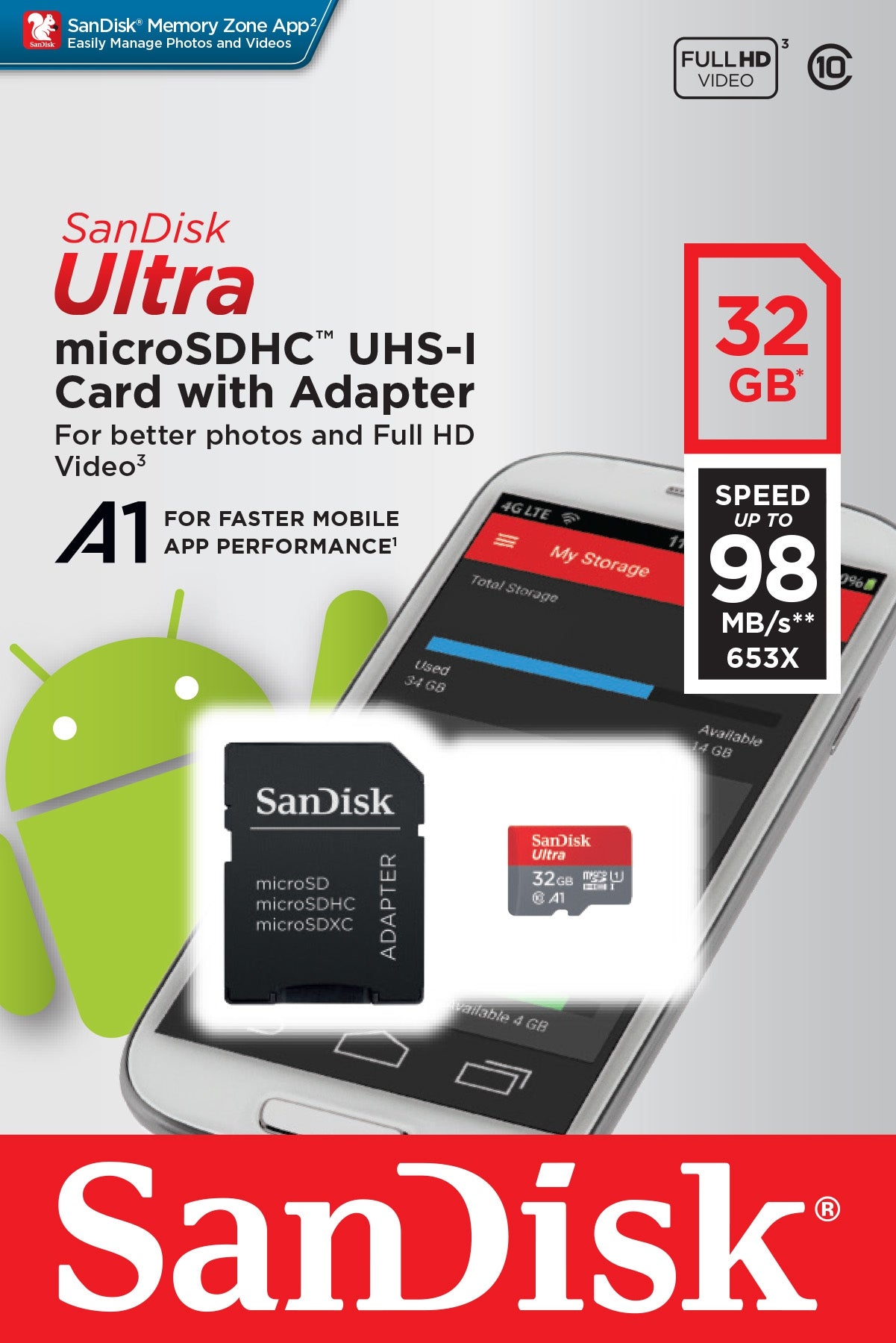 Memoria Sandisk Micro Sd Ultra 32Gb Cl10 A1 C/A (Sdsquar-032G-Gn6Ma)