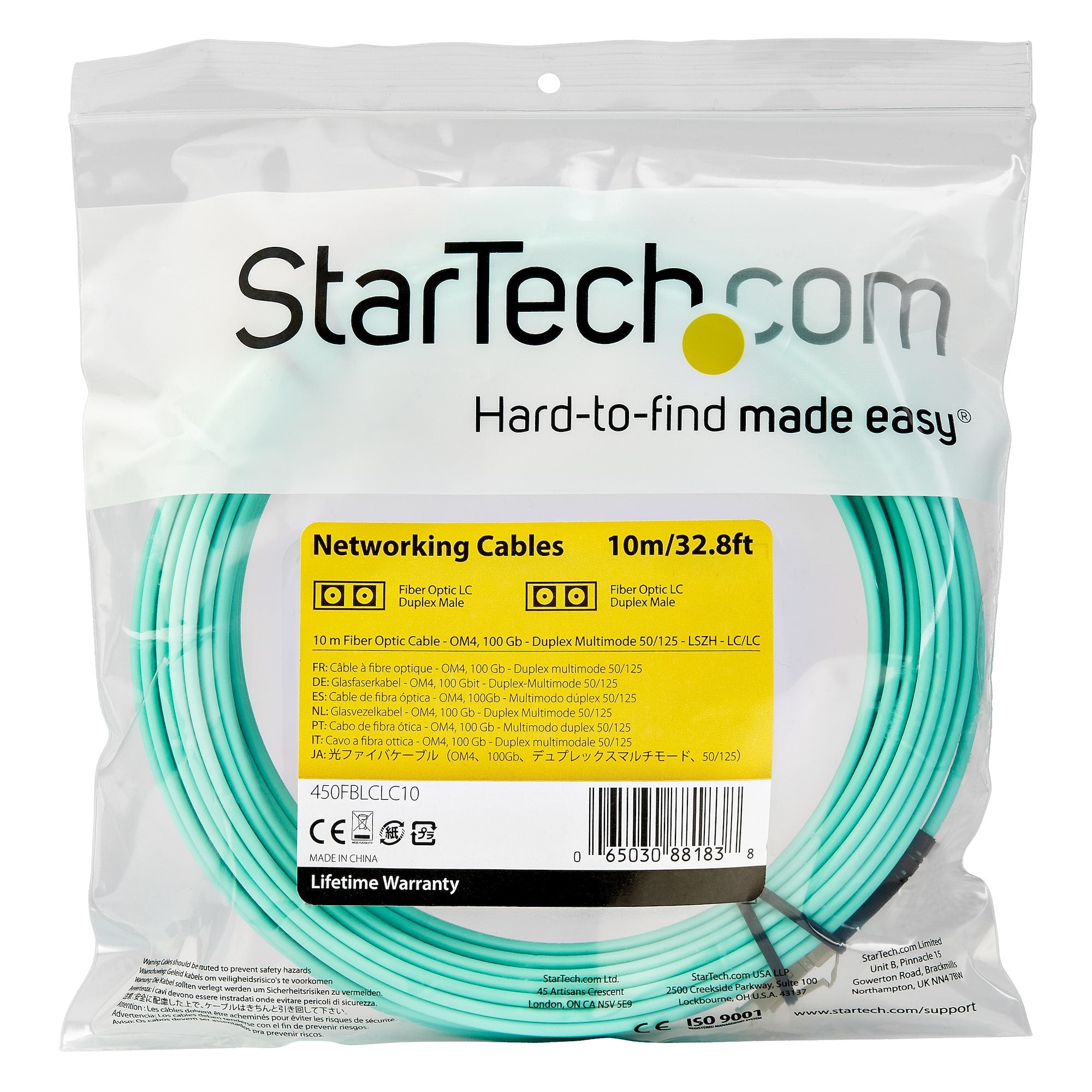 Cable De 10M De Fibra Optica Multimodo Lc/Upc A Lc/Upc Om4 - 50/125Μm - Lommf/Vcsel - 100G - Lszh - Baja Perdida De Insercion - Startech.Com Mod. 450Fblclc10