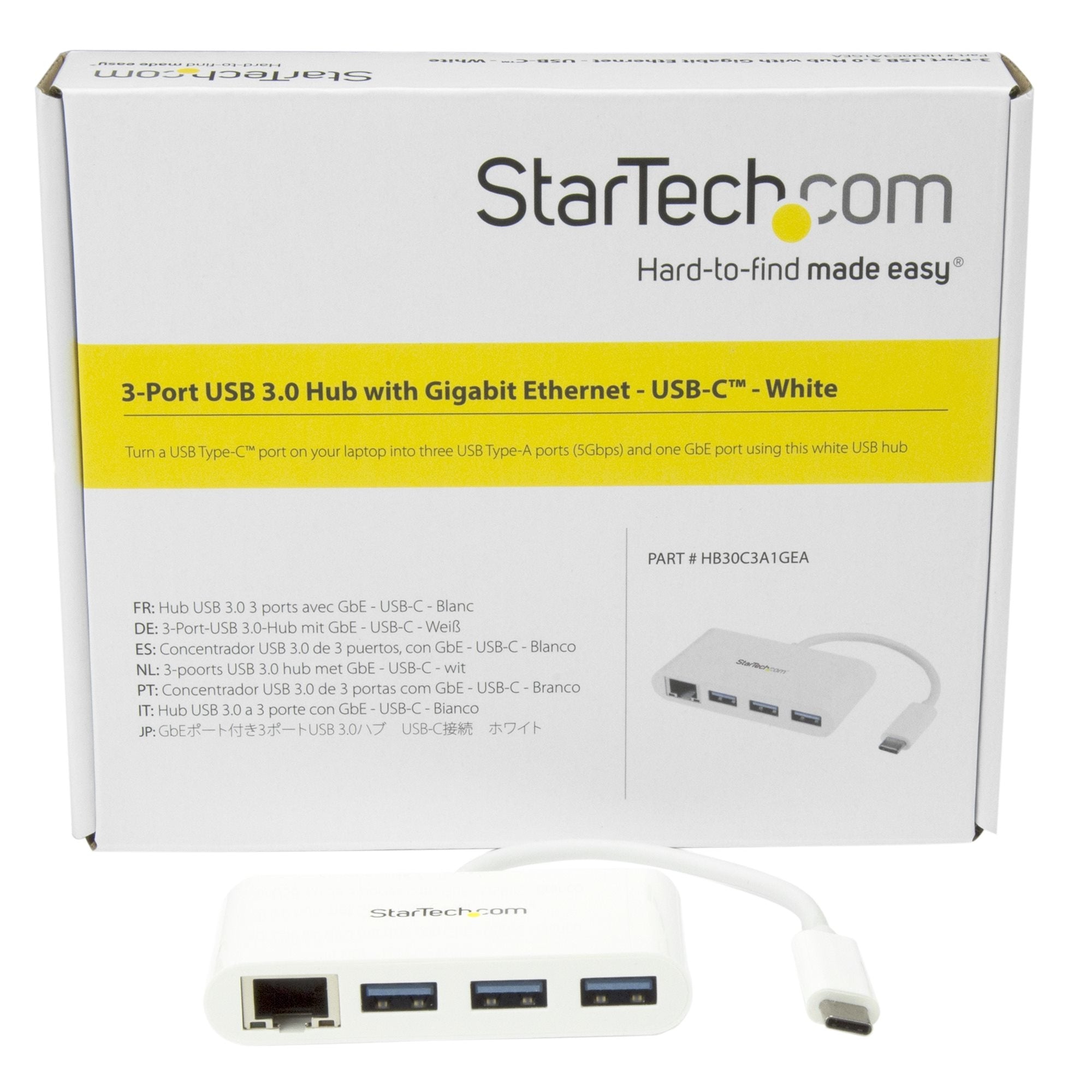 Concentrador Usb 3.0 De 3 Puertos Con Usb-C Y Ethernet Gigabit - Hub De Usb Type C A Usb-A Convencional - Blanco - Startech.Com Mod. Hb30C3A1Gea