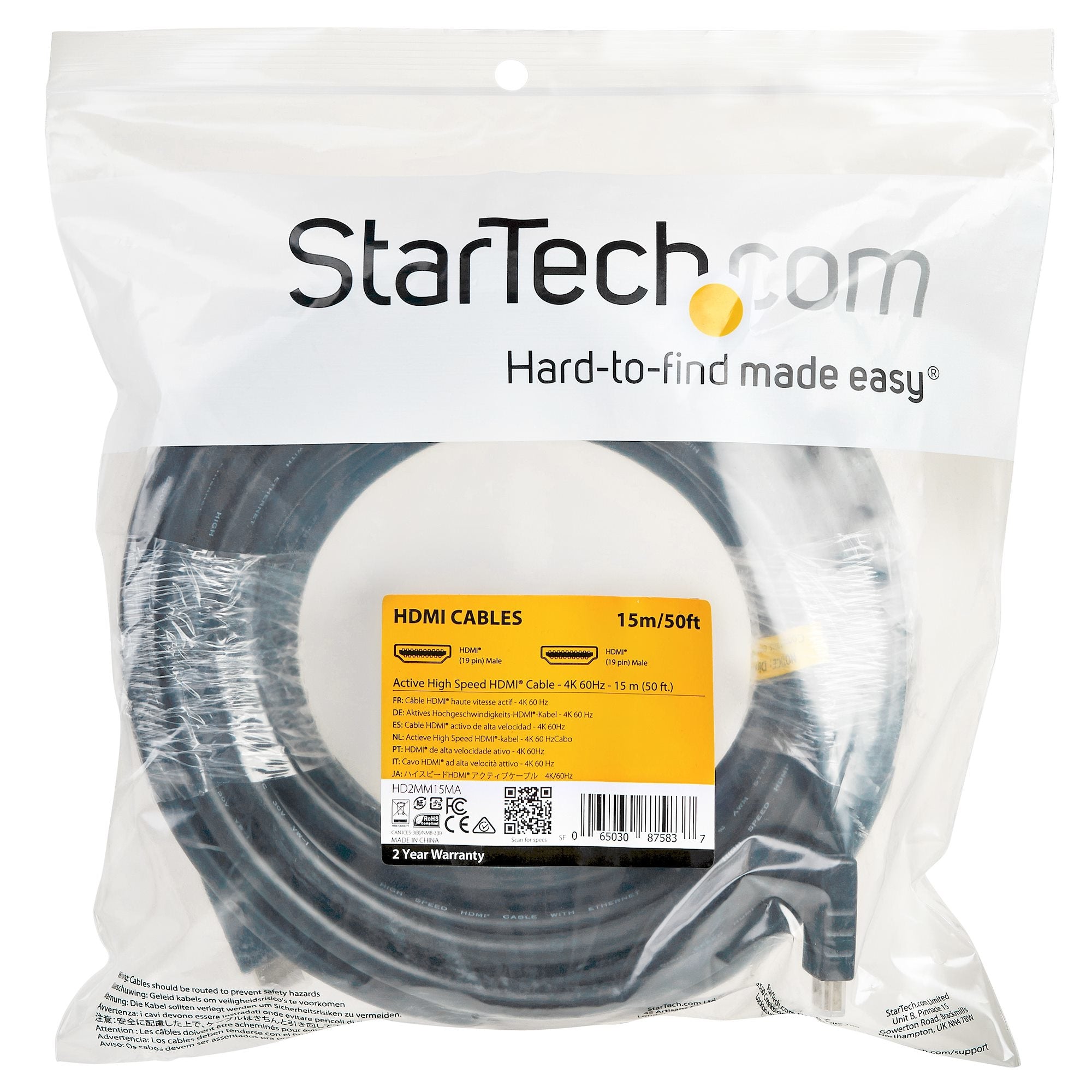 Cable De 15 Metros Hdmi Con Ethernet De Alta Velocidad Activo 4K - Cable Hdmi Cl2 Para Instalacion En Pared  - Startech.Com Mod. Hd2Mm15Ma