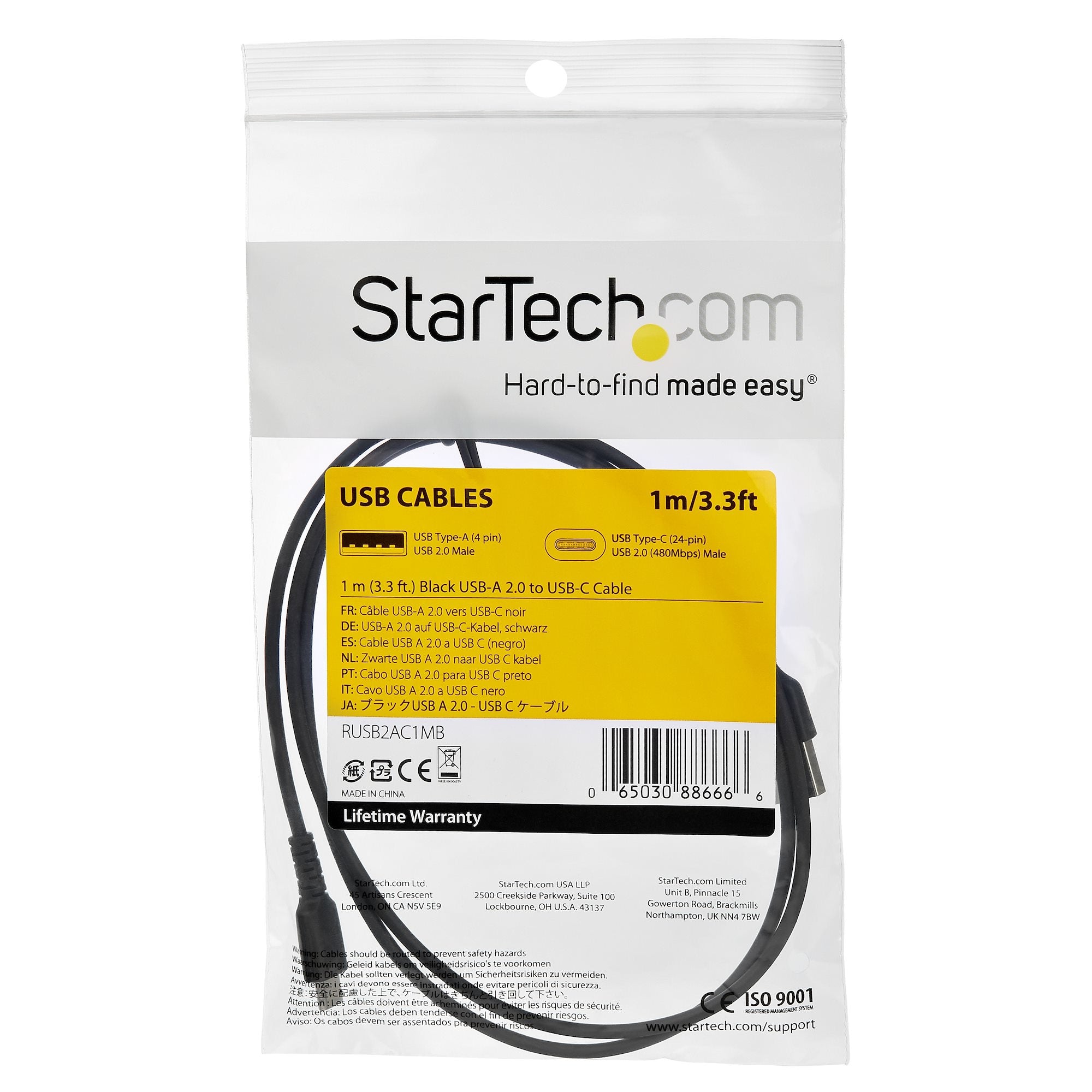 Cable De 1M De Carga Usb C - De Carga Rapida Usb 2.0 Tipo C A Usb C Revestimiento Tpe De Fibra De Aramida M/M 60W Negro - Startech.Com Mod. Rusb2Cc1Mb