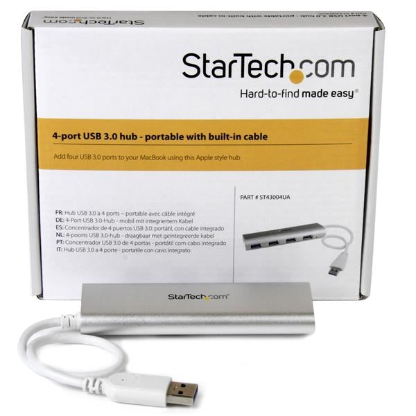 Concentrador Portátil Usb 3.0 De 4 Puertos - Hub De Aluminio Con Cable Incorporado - Startech.Com Mod. St43004Ua