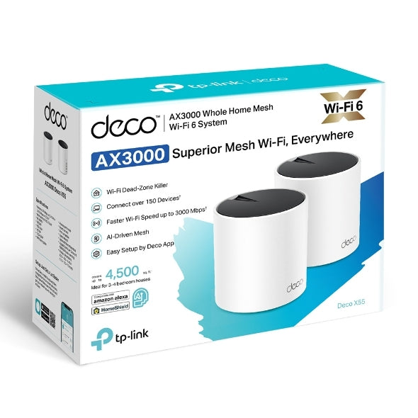 Router Deco X55(2-Pack) Wifi-6 Ai Doble Banda Ax3000 Cobertura Hasta 418 Metros Cuadrados, Conecta Hasta 150 Dispositivos, 3 Puertos Gigabit
